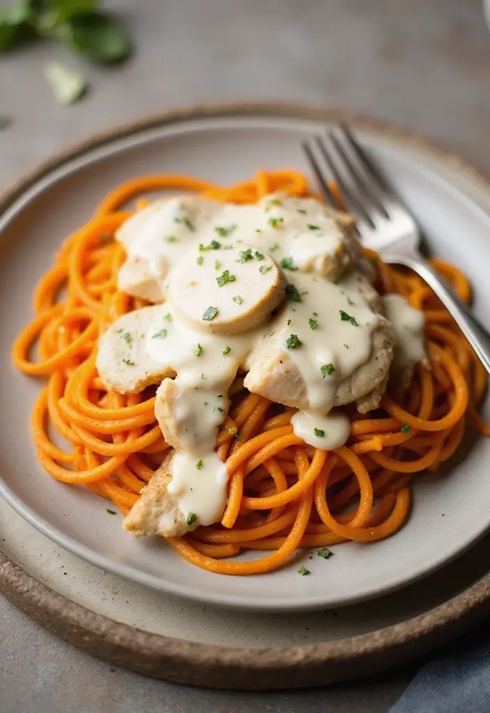 27 Gluten Free Chicken Alfredo Recipes That Are Creamy & Safe - 26. Chicken Alfredo with Sweet Potato Noodles