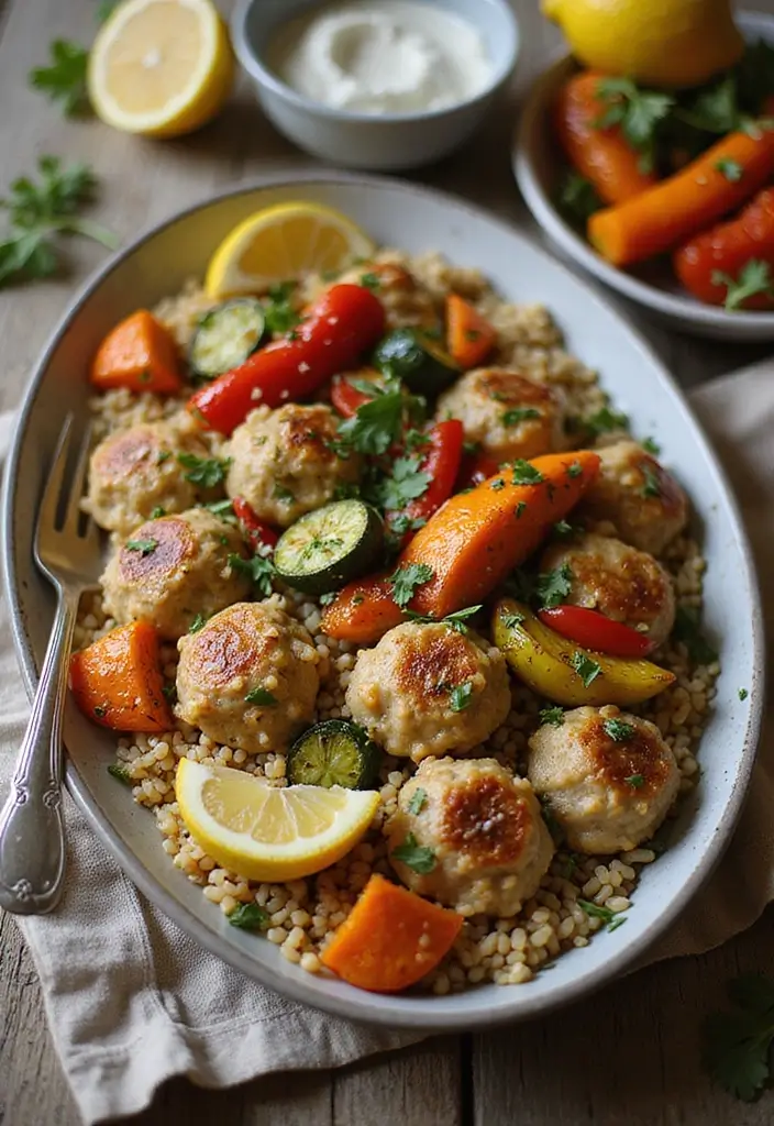 27 Greek Chicken Meatballs with Lemon Orzo Recipes That Pop with Flavor - 9. Greek Chicken Meatballs with Lemon Orzo and Roasted Vegetables