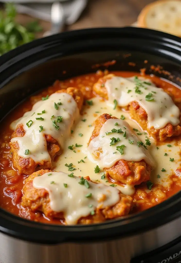 27 Ground Chicken Crockpot Recipes That Are Set-and-Forget Simple - 18. Chicken Parmesan Crockpot Casserole