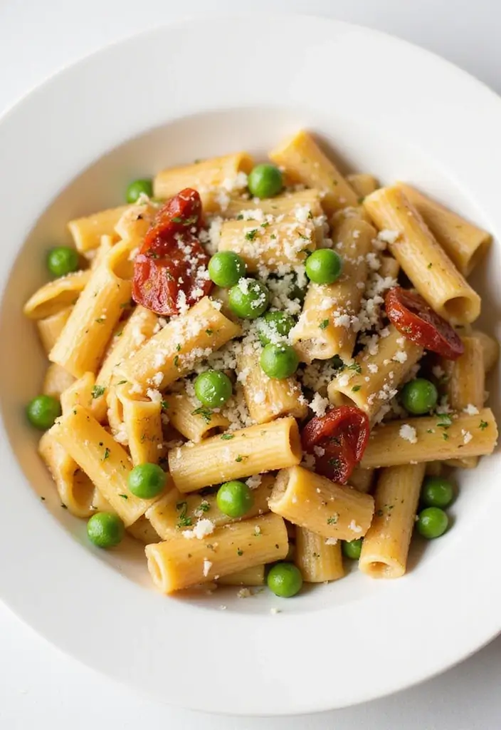 27 Sun Dried Tomato Chicken Pasta Recipes That Are Creamy & Tangy - 13. Sun Dried Tomato Chicken Pasta with Peas