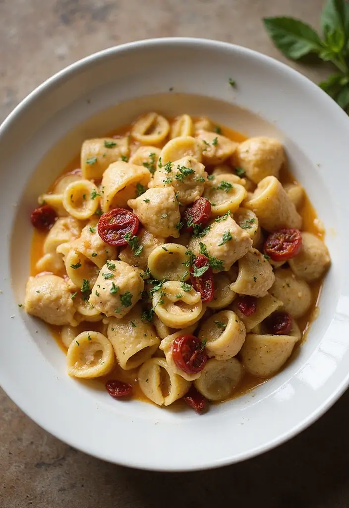 27 Sun Dried Tomato Chicken Pasta Recipes That Are Creamy & Tangy - 22. Sun Dried Tomato Chicken Orecchiette
