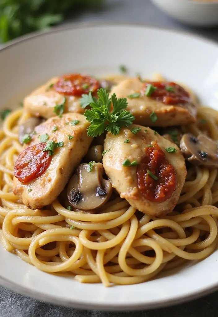 27 Sun Dried Tomato Chicken Pasta Recipes That Are Creamy & Tangy - 23. Sun Dried Tomato Chicken Linguine with Creamy Mushroom Sauce