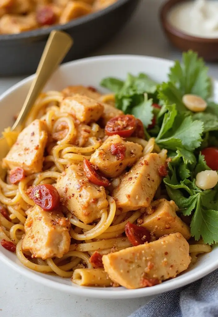 27 Sun Dried Tomato Chicken Pasta Recipes That Are Creamy & Tangy - 4. Spicy Sun Dried Tomato Chicken Pasta