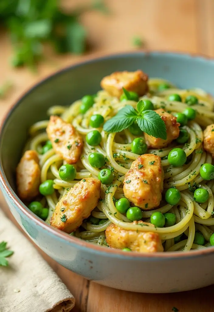 28 Chicken Pesto Pasta Recipes That Taste Bright & Herby - 14. Chicken Pesto Pasta with Peas