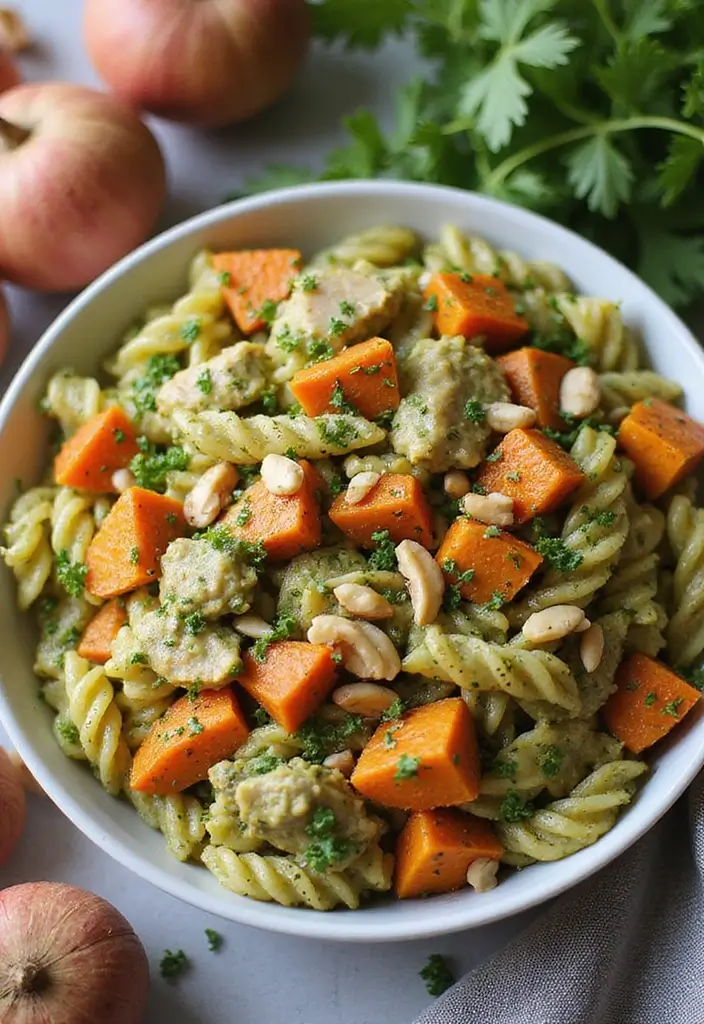 28 Chicken Pesto Pasta Recipes That Taste Bright & Herby - 22. Chicken Pesto Pasta with Sweet Potatoes