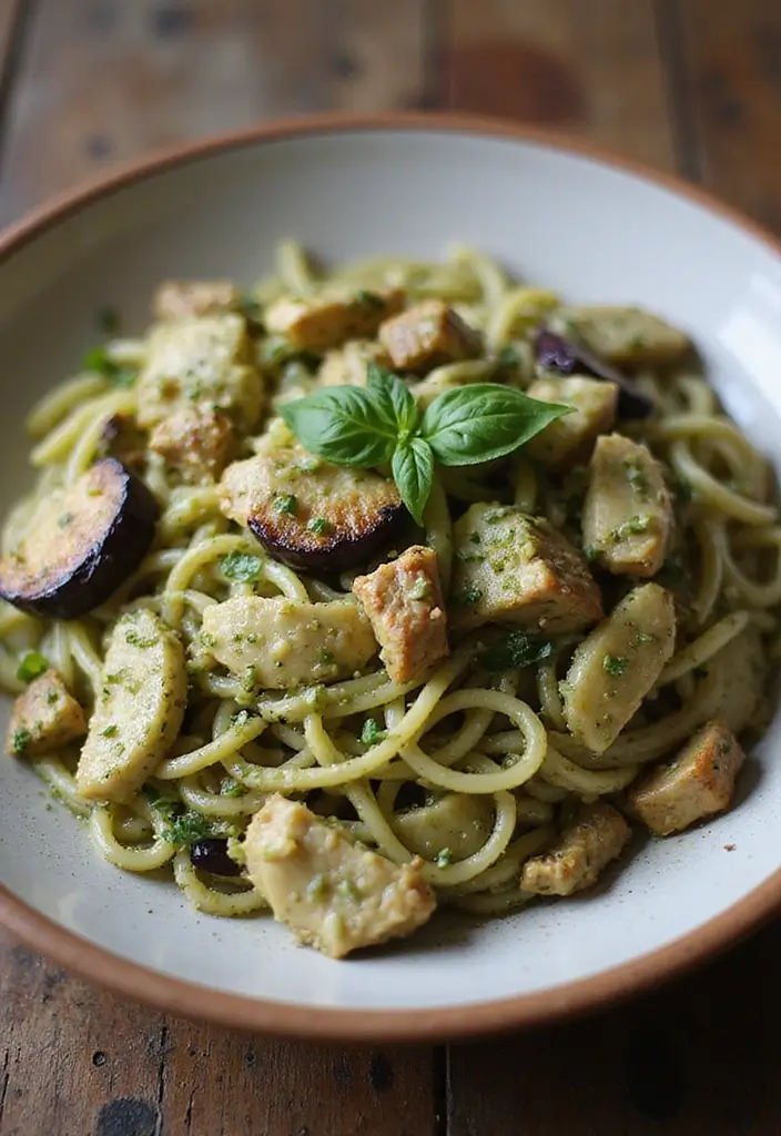 28 Chicken Pesto Pasta Recipes That Taste Bright & Herby - 23. Chicken Pesto Pasta with Eggplant