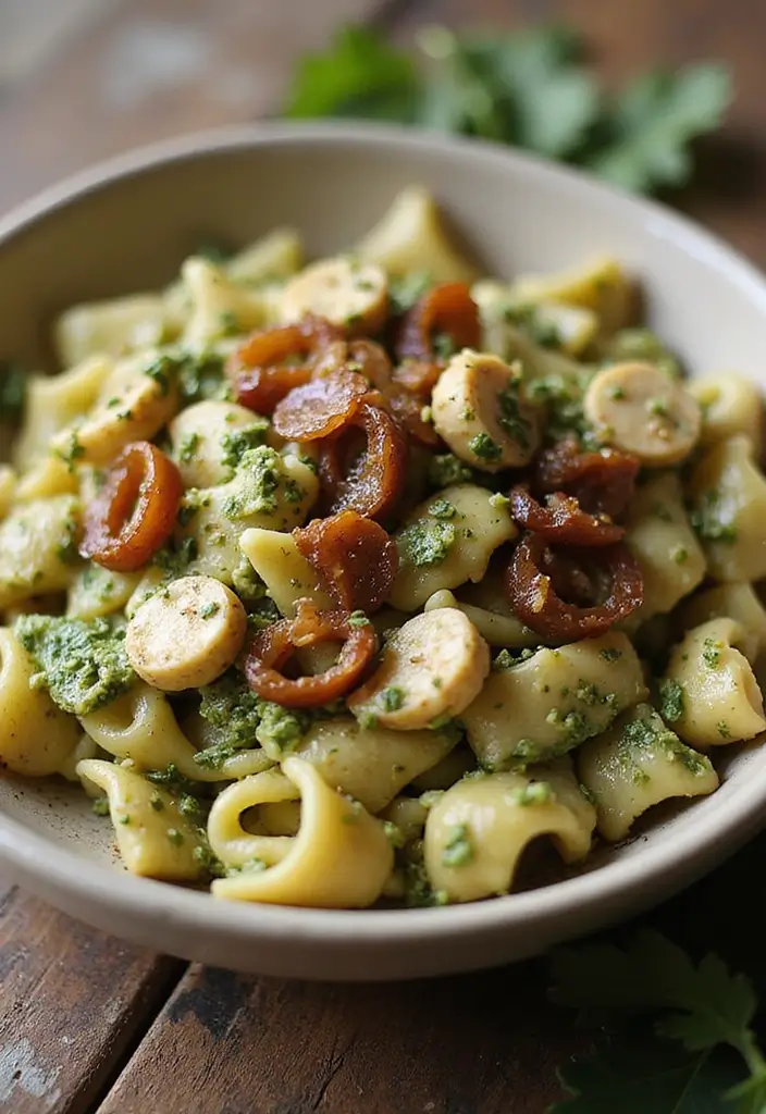 28 Chicken Pesto Pasta Recipes That Taste Bright & Herby - 25. Chicken Pesto Pasta with Caramelized Onions