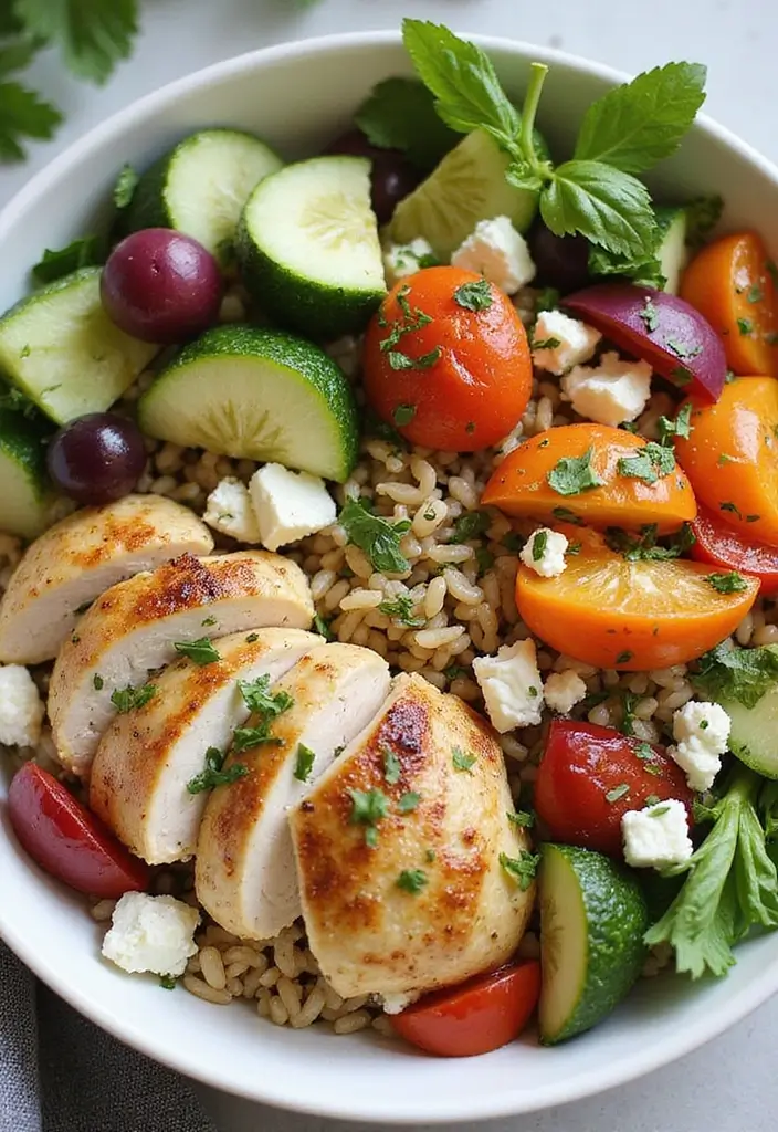 29 Chicken and Brown Rice Recipes for Clean Eating - 10. Greek Chicken and Brown Rice Bowl