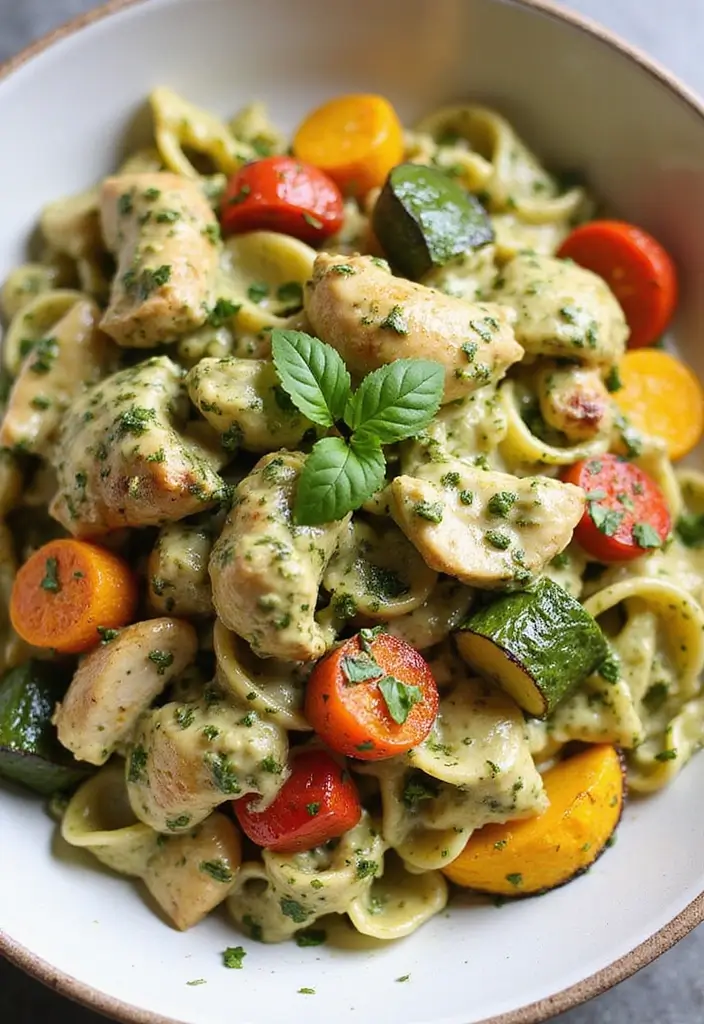 30 Creamy Pesto Chicken Pasta Recipes That Feel Fresh & Filling - 12. Creamy Pesto Chicken Pasta with Roasted Veggies