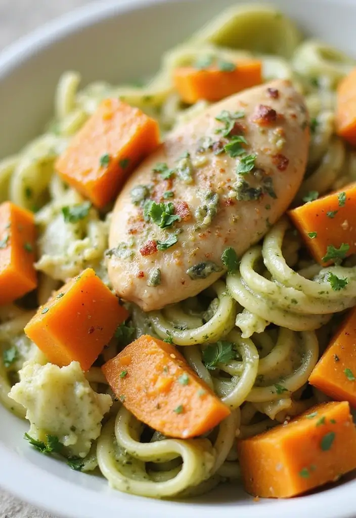 30 Creamy Pesto Chicken Pasta Recipes That Feel Fresh & Filling - 17. Creamy Pesto Chicken Pasta with Sweet Potatoes