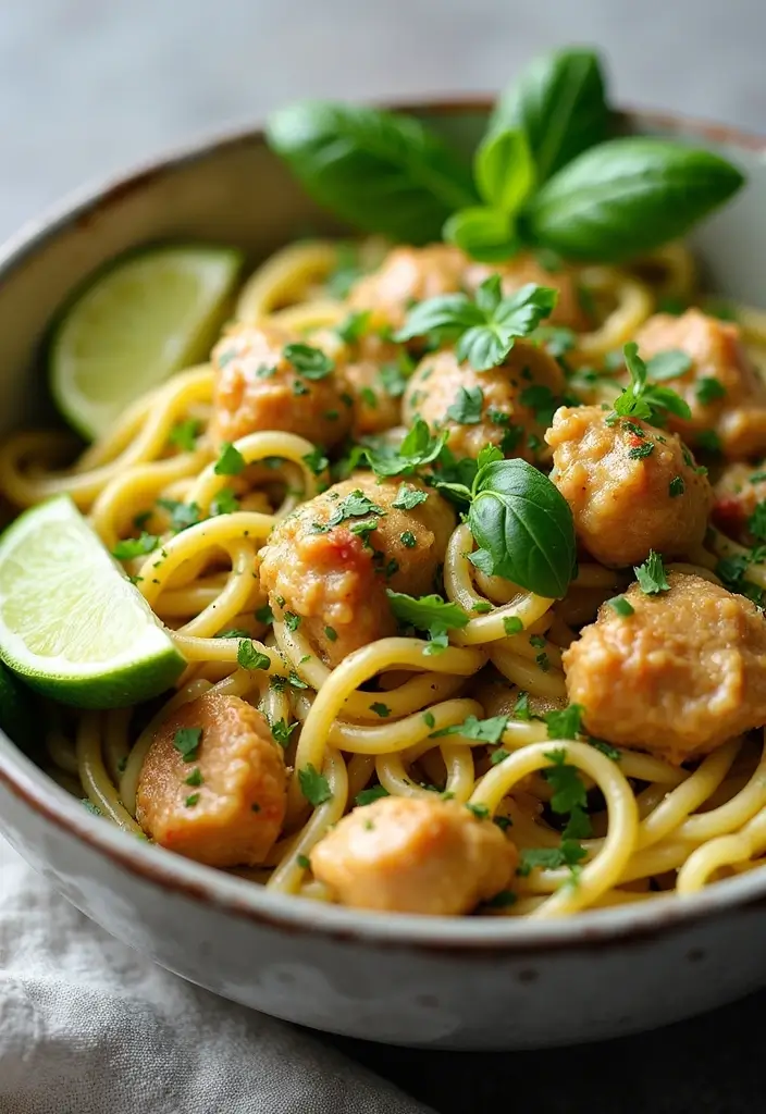 30 Creamy Pesto Chicken Pasta Recipes That Feel Fresh & Filling - 19. Thai-Inspired Creamy Pesto Chicken Pasta