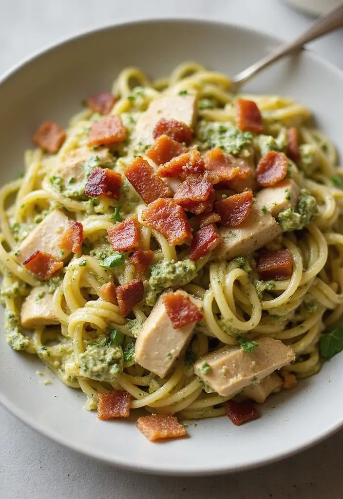 30 Creamy Pesto Chicken Pasta Recipes That Feel Fresh & Filling - 22. Creamy Pesto Chicken Pasta with Bacon