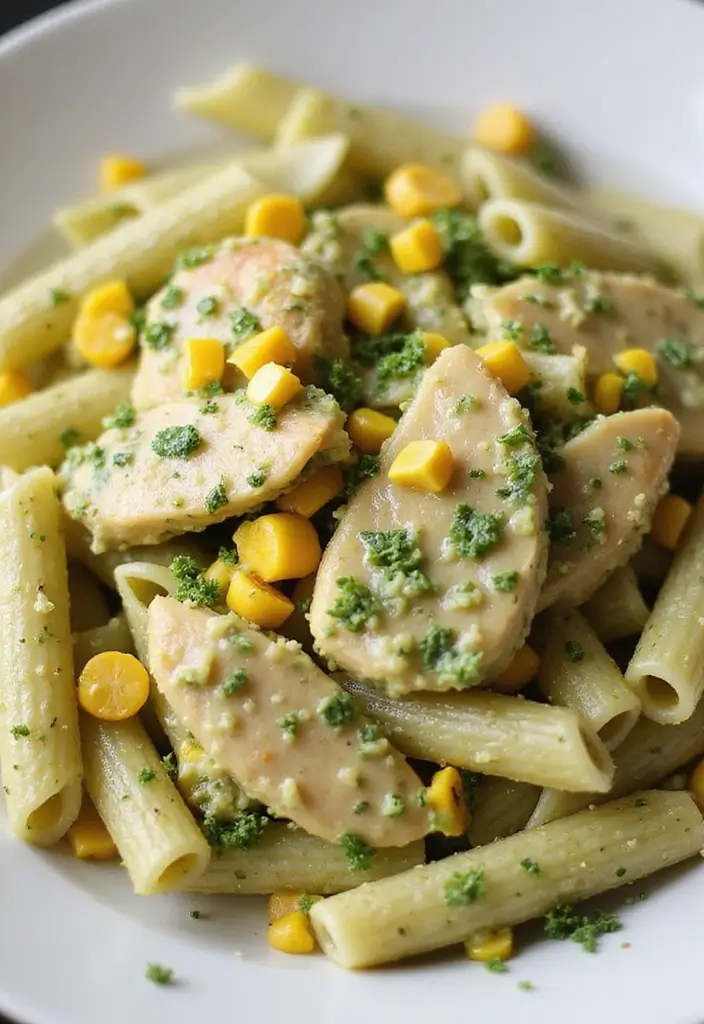 30 Creamy Pesto Chicken Pasta Recipes That Feel Fresh & Filling - 23. Creamy Pesto Chicken Pasta with Corn