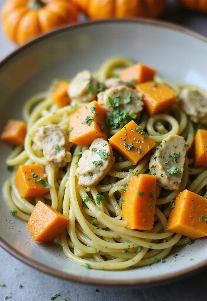 30 Creamy Pesto Chicken Pasta Recipes That Feel Fresh & Filling - 27. Pumpkin Creamy Pesto Chicken Pasta