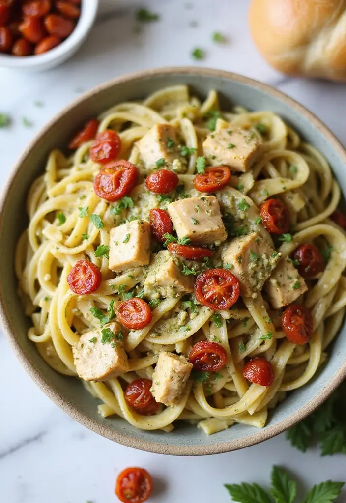 30 Creamy Pesto Chicken Pasta Recipes That Feel Fresh & Filling - 5. Sun-Dried Tomato Creamy Pesto Chicken Pasta