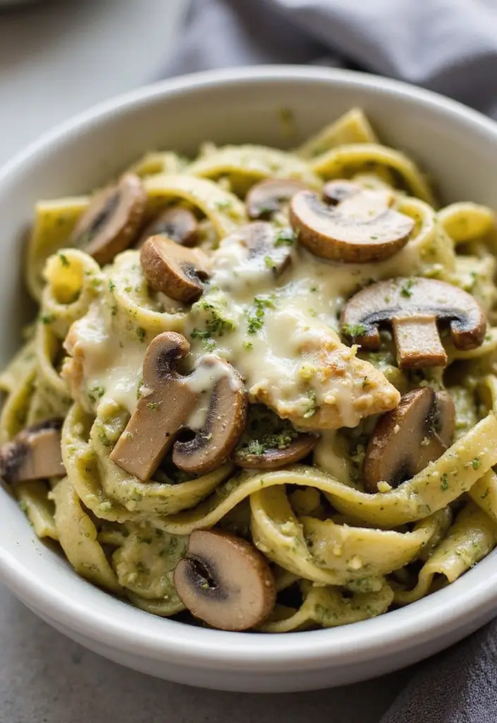30 Creamy Pesto Chicken Pasta Recipes That Feel Fresh & Filling - 6. Cheesy Mushroom Creamy Pesto Chicken Pasta