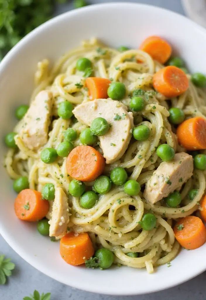 30 Creamy Pesto Chicken Pasta Recipes That Feel Fresh & Filling - 8. Creamy Pesto Chicken Pasta with Peas and Carrots