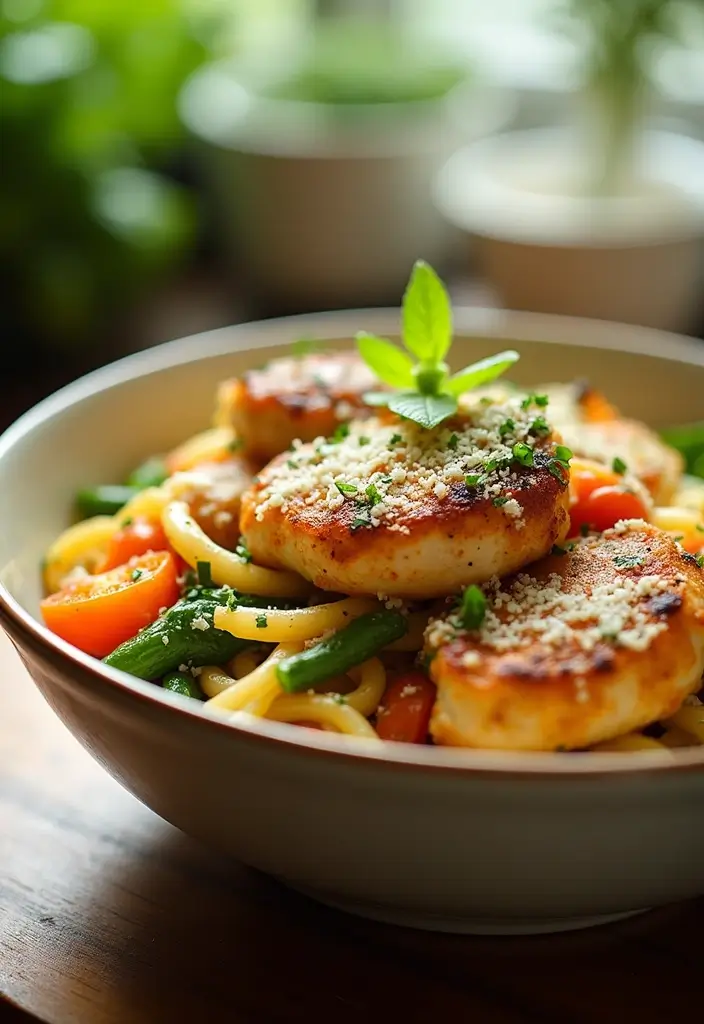 30 Garlic Parmesan Chicken Pasta Recipes That Are Addictive & Cheesy - 15. Garlic Parmesan Chicken Pasta Primavera