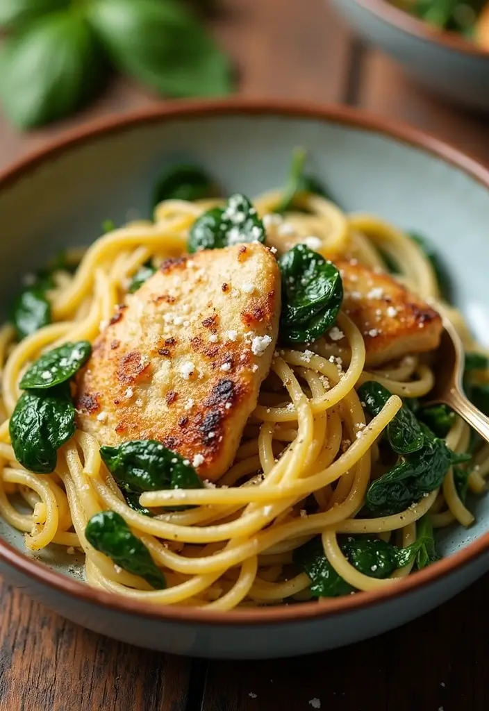 30 Garlic Parmesan Chicken Pasta Recipes That Are Addictive & Cheesy - 16. Garlic Parmesan Chicken Pasta with Spinach