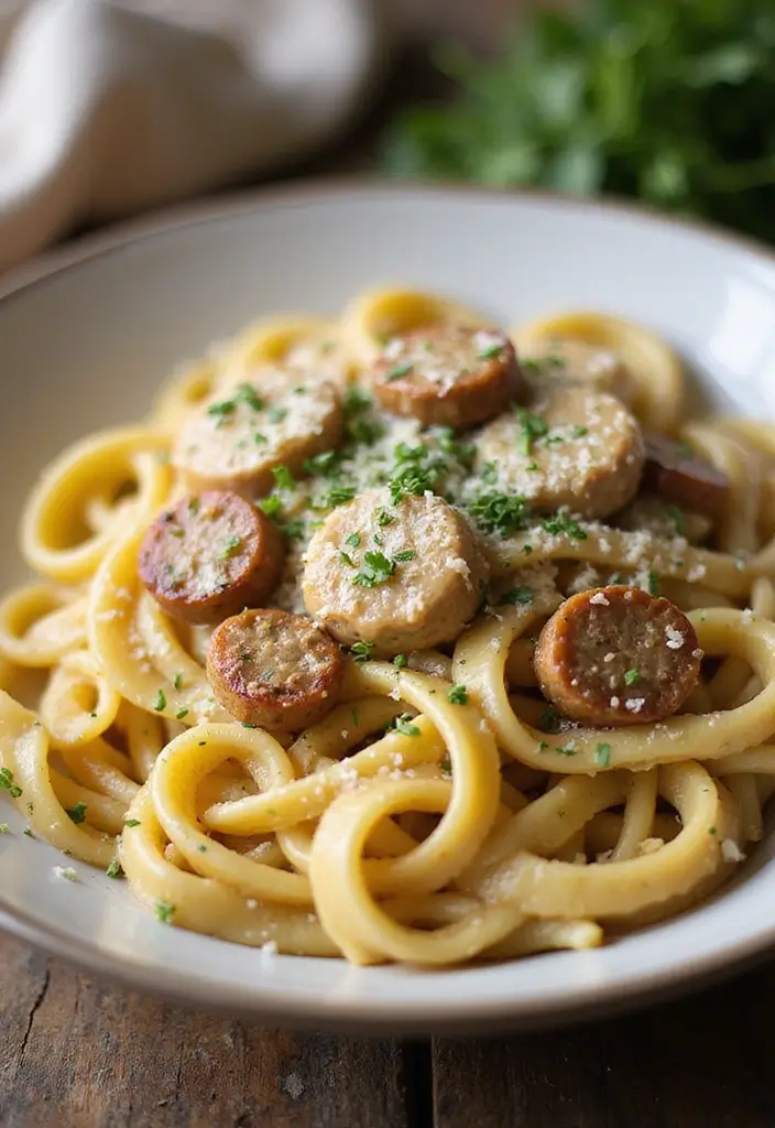 30 Garlic Parmesan Chicken Pasta Recipes That Are Addictive & Cheesy - 17. Garlic Parmesan Chicken Sausage Pasta