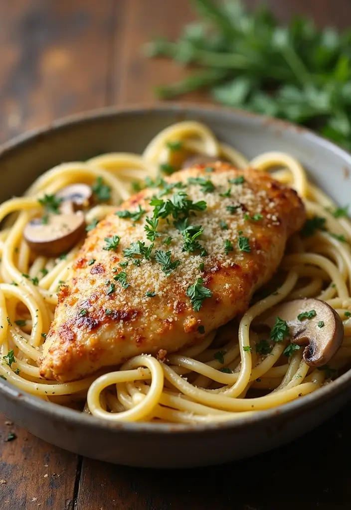 30 Garlic Parmesan Chicken Pasta Recipes That Are Addictive & Cheesy - 18. Garlic Parmesan Chicken and Mushroom Pasta