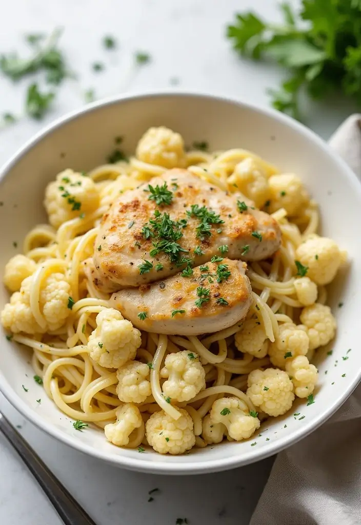 30 Garlic Parmesan Chicken Pasta Recipes That Are Addictive & Cheesy - 19. Garlic Parmesan Chicken and Cauliflower Pasta
