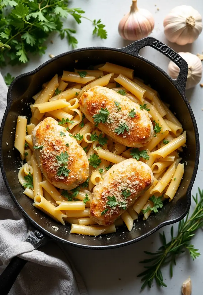 30 Garlic Parmesan Chicken Pasta Recipes That Are Addictive & Cheesy - 2. One-Pan Garlic Parmesan Chicken Pasta