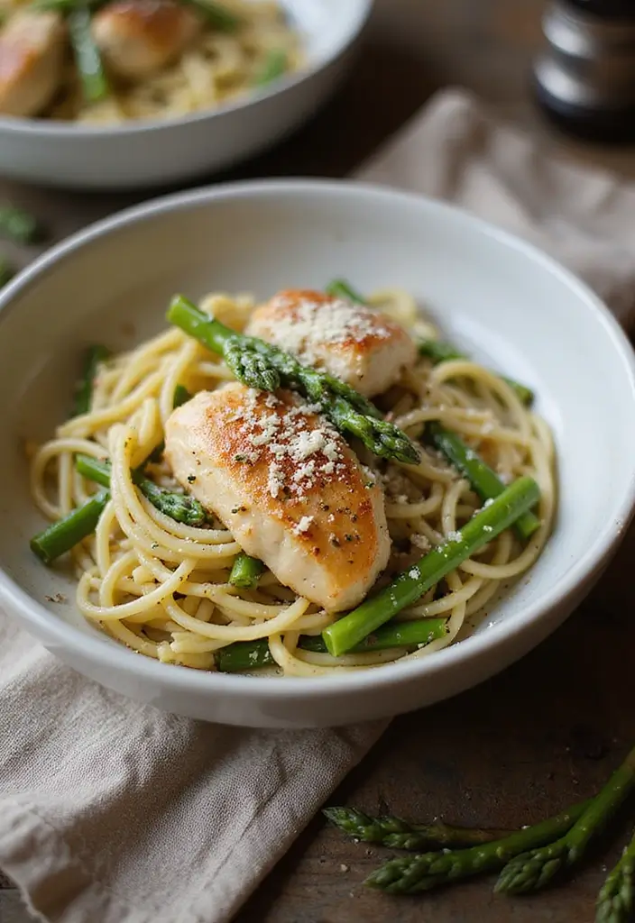 30 Garlic Parmesan Chicken Pasta Recipes That Are Addictive & Cheesy - 20. Garlic Parmesan Chicken and Asparagus Pasta