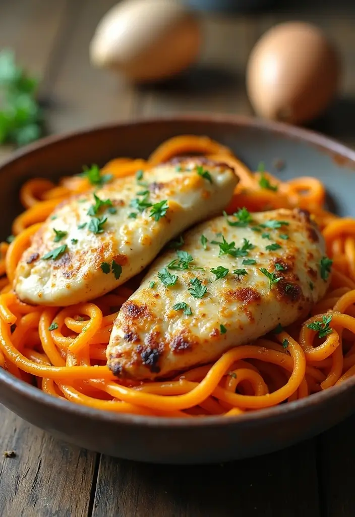 30 Garlic Parmesan Chicken Pasta Recipes That Are Addictive & Cheesy - 23. Garlic Parmesan Chicken and Sweet Potato Pasta