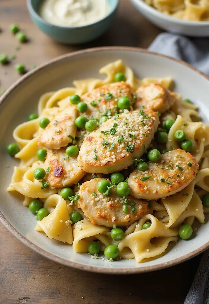 30 Garlic Parmesan Chicken Pasta Recipes That Are Addictive & Cheesy - 24. Garlic Parmesan Chicken and Peas Pasta
