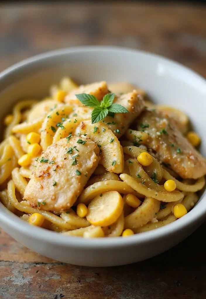 30 Garlic Parmesan Chicken Pasta Recipes That Are Addictive & Cheesy - 25. Garlic Parmesan Chicken and Corn Pasta