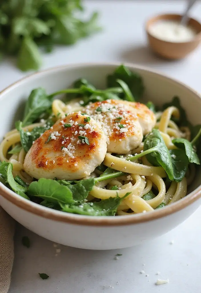 30 Garlic Parmesan Chicken Pasta Recipes That Are Addictive & Cheesy - 26. Garlic Parmesan Chicken and Arugula Pasta