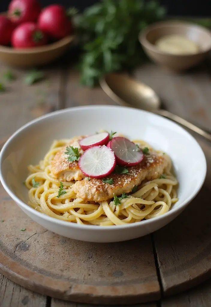 30 Garlic Parmesan Chicken Pasta Recipes That Are Addictive & Cheesy - 27. Garlic Parmesan Chicken and Radish Pasta