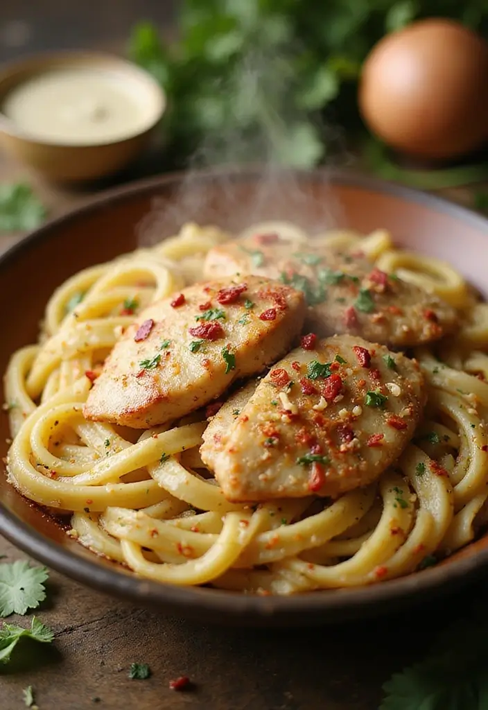 30 Garlic Parmesan Chicken Pasta Recipes That Are Addictive & Cheesy - 5. Spicy Garlic Parmesan Chicken Pasta