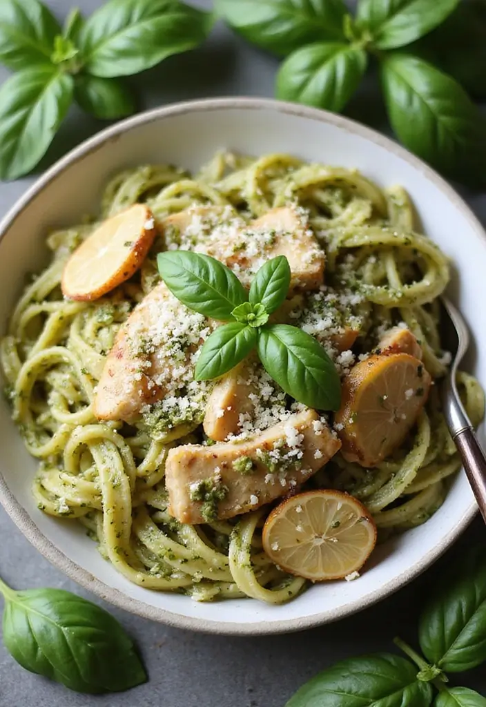 30 Garlic Parmesan Chicken Pasta Recipes That Are Addictive & Cheesy - 9. Garlic Parmesan Chicken Pesto Pasta