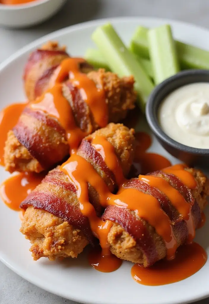 30 Irresistible Bacon Wrapped Chicken Tenders Recipes - 9. Buffalo Style Bacon Wrapped Chicken Tenders