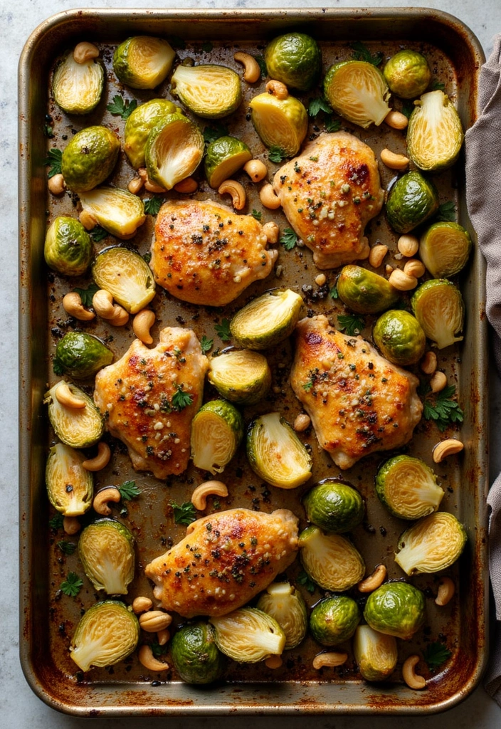 30 Sheet Pan Cashew Chicken Recipes That Are Fast & Flavorful - 8. Cashew Chicken and Brussels Sprouts