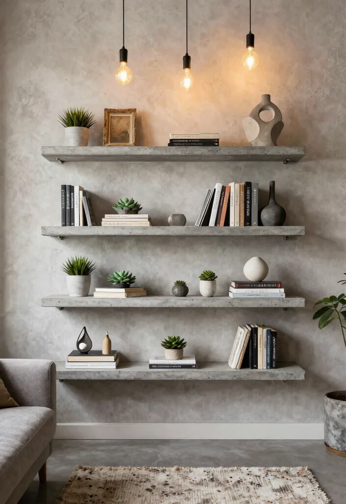 15 Concrete Wall Decor Ideas With Industrial Edge - 2. Concrete Shelves 1