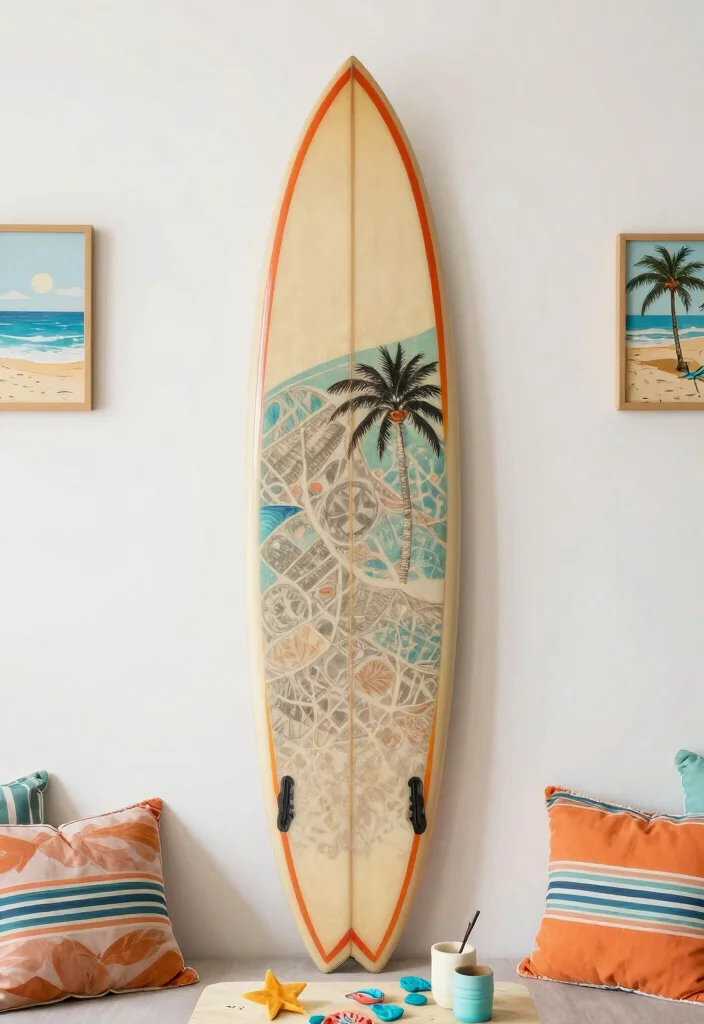 15 Preppy Wall Art Ideas With Trendy Chic Vibes - 5. Vintage Surfboard Wall Art 1
