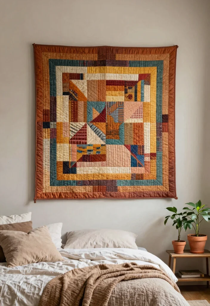 16 Organic Modern Wall Decor Ideas With Earthy Elegance - 6. Handmade Quilted Wall Art 1