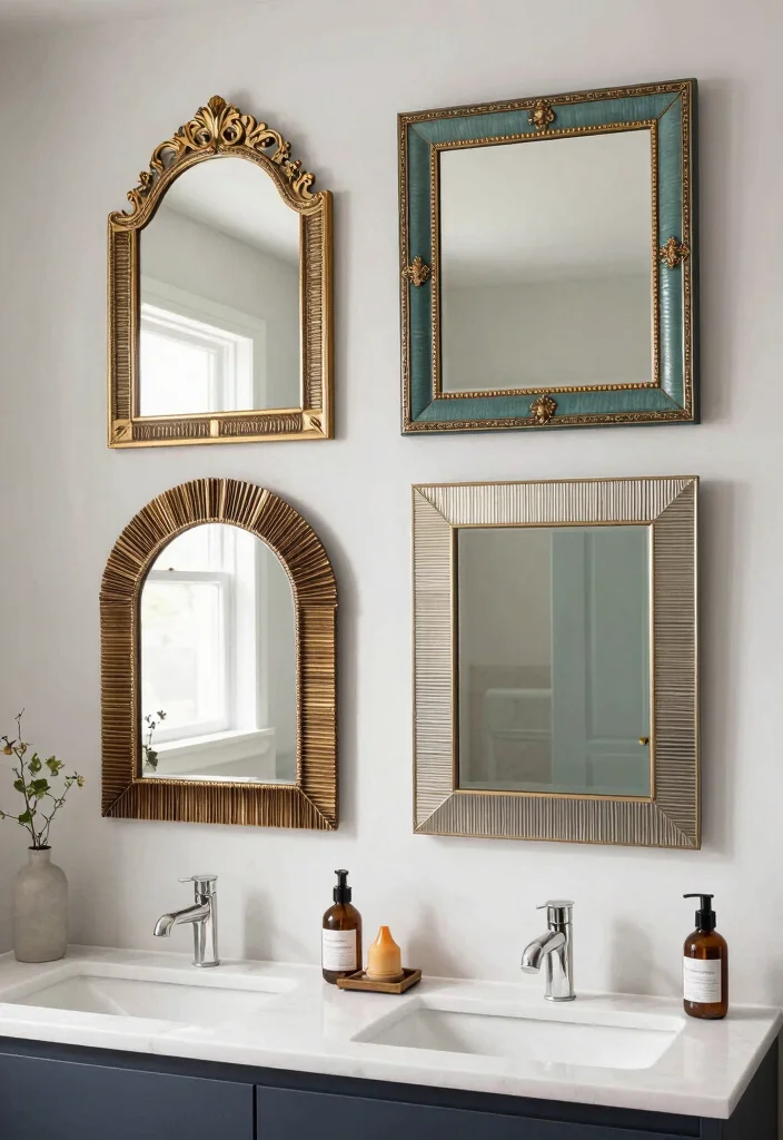 17 Light Mirror Bathroom Ideas With Modern Shine - 7. Decorative Mirrors with Unique Frames 1