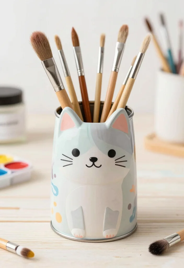 17 Pen Stand Painting Ideas With Cute DIY Designs - 1. Whimsical Cat Pen Stand 1