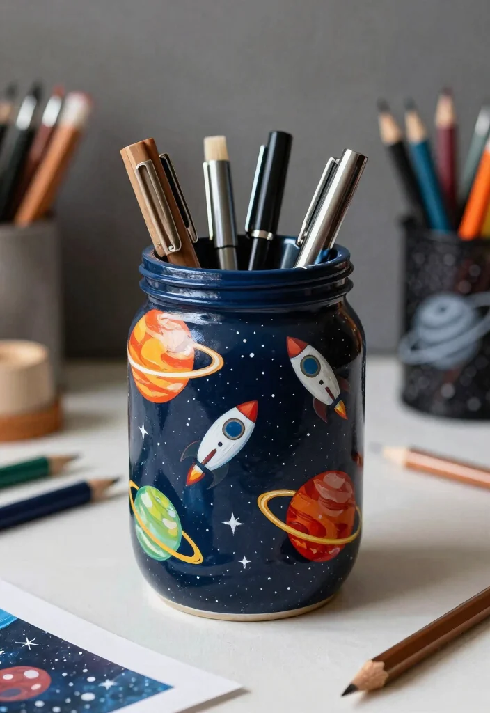17 Pen Stand Painting Ideas With Cute DIY Designs - 15. Space Theme 1