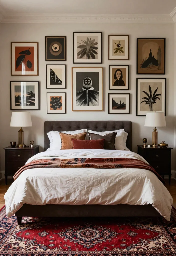 17 Red Persian Rug Bedroom Ideas With Rich Cozy Vibes - 10. Personalize with Art 1