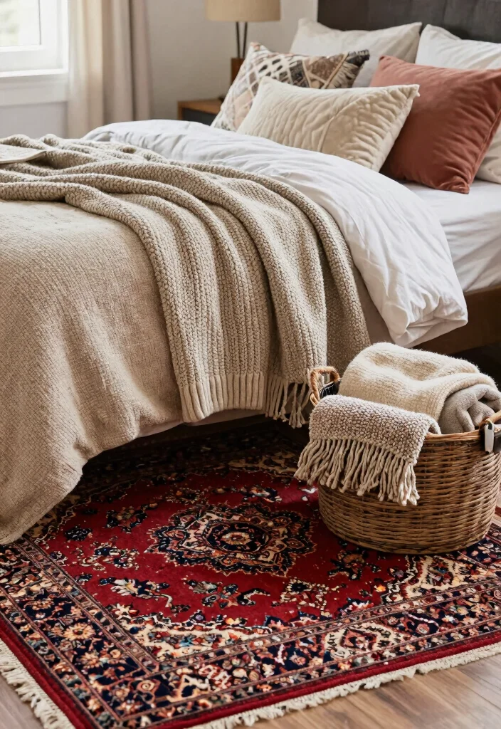 17 Red Persian Rug Bedroom Ideas With Rich Cozy Vibes - 11. Textural Bliss with Throws 1
