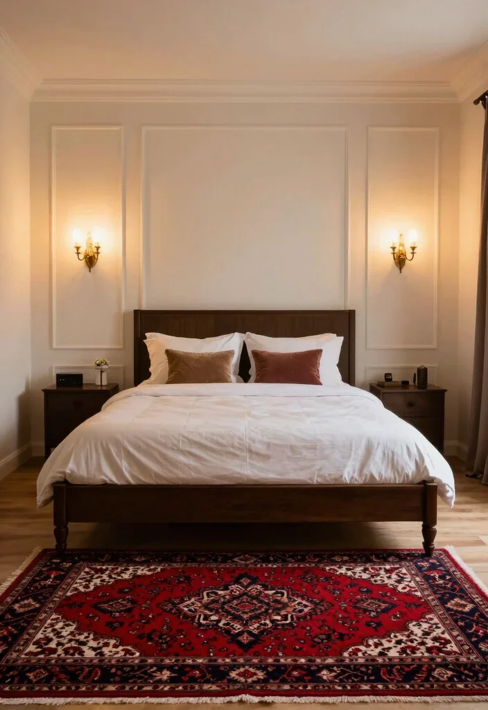 17 Red Persian Rug Bedroom Ideas With Rich Cozy Vibes - 14. Utilizing Wall Sconces for Ambiance 1
