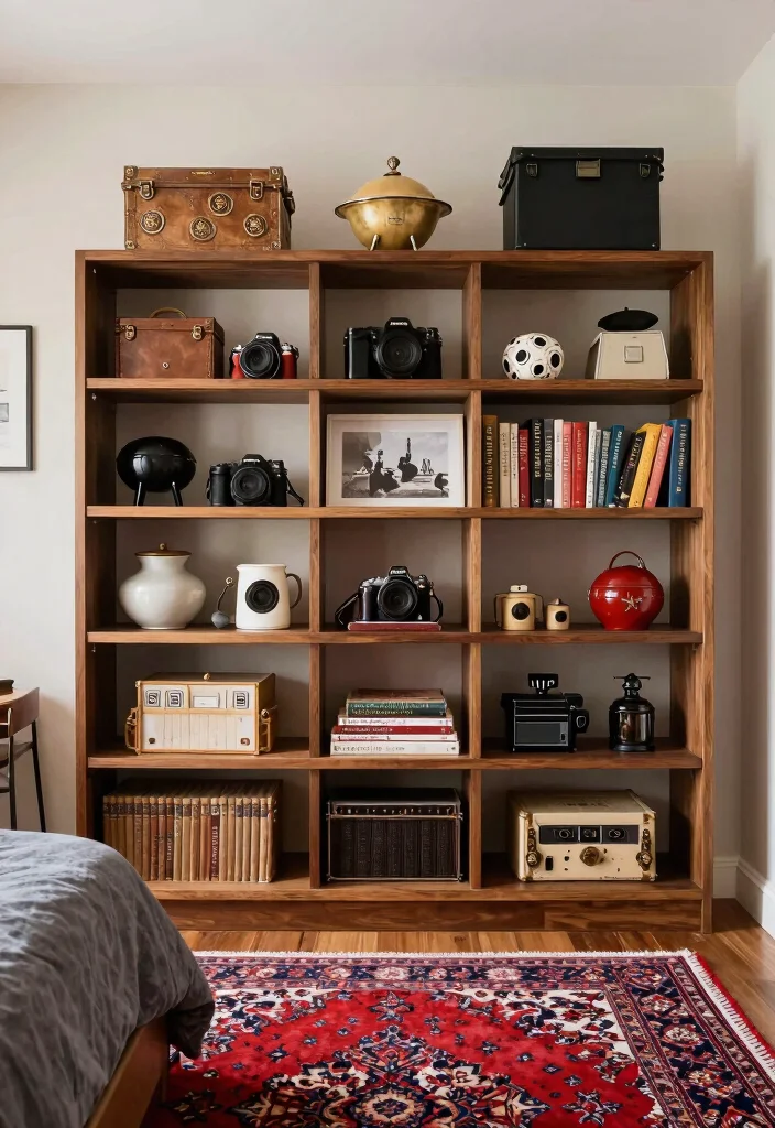 17 Red Persian Rug Bedroom Ideas With Rich Cozy Vibes - 15. Displaying Personal Collections 1