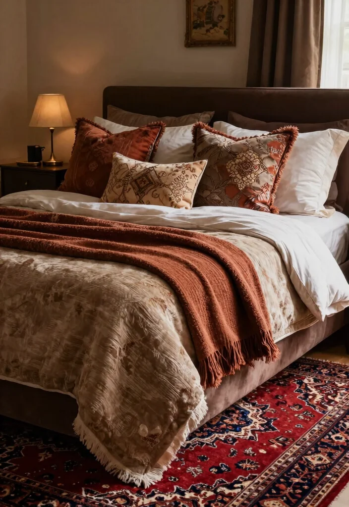 17 Red Persian Rug Bedroom Ideas With Rich Cozy Vibes - 17. Cozy Bedding Layers 1