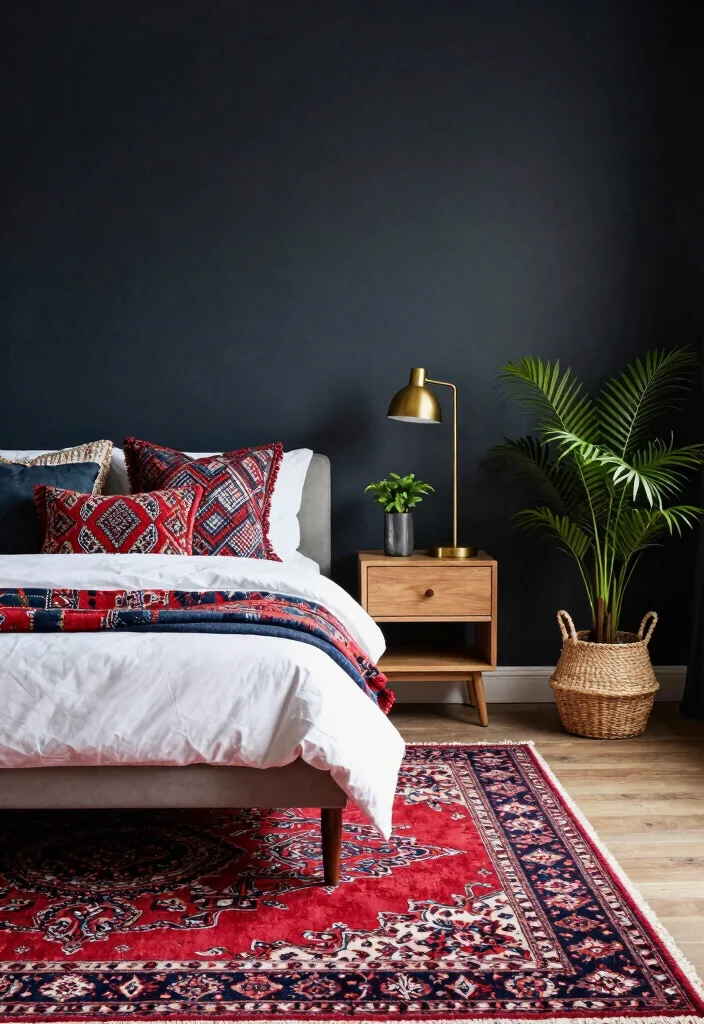 17 Red Persian Rug Bedroom Ideas With Rich Cozy Vibes - 2. Contrast with Dark Walls 1