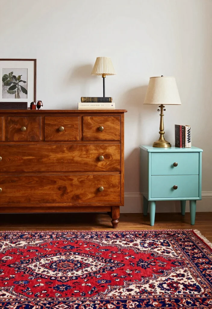 17 Red Persian Rug Bedroom Ideas With Rich Cozy Vibes - 7. Vintage Furniture Finds 1